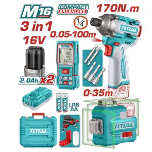 COMBO INALAMBRICO TOTAL ATORNILLADOR 1/4 + MEDIDOR DISTANCIA 100MT NIVEL LASER 35MT 3PZ 16V 2AH LI250886