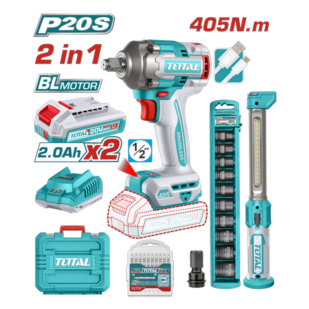 PISTOLA IMPACTO INALAMBRICA TOTAL 1/2 20V 405NM 2BATERIAS LI23056