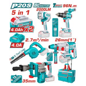 COMBO INALAMBRICO TOTAL TALADRO PERC. 1/2 DEMOLEDOR ROTOMARTILLO SOPLADADORA LINTERNA 5PZ 20V 4H LI251083